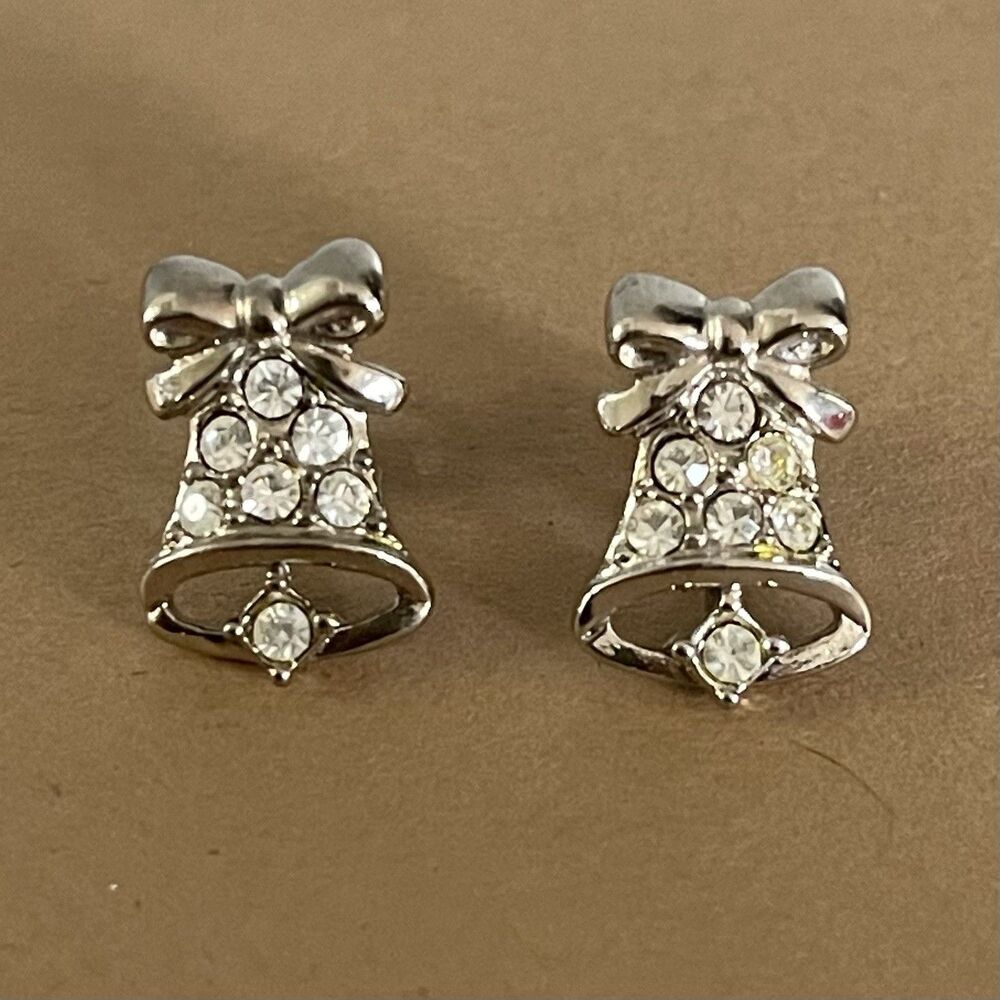 Vintage Avon Silver Tone Clear Rhinestones Holiday Bells Studs Earrings